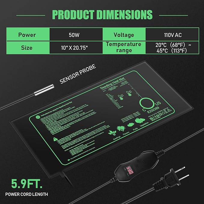 ROCEEI 2 Pack Seedling Heat Mat with Digital Thermostat Controller 10 x 20.75 Inch Waterproof Plant Seedling Heat Mat for Germination, Hydroponics, Brewing, Breeding, Indoor Gardening and Greenhouse