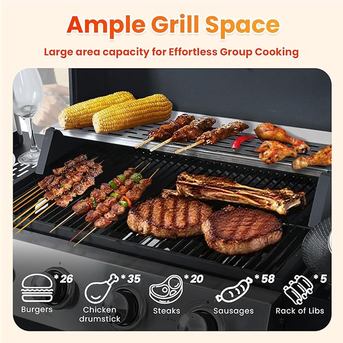 4-Burner Propane Gas BBQ Grill with Porcelain-Enameled Cast Iron Grates, 2 Foldable Side Table, 34,200 BTU Stainless Steel Grill for Outdoor Camping Barbecue Grilling Backyard Cooking