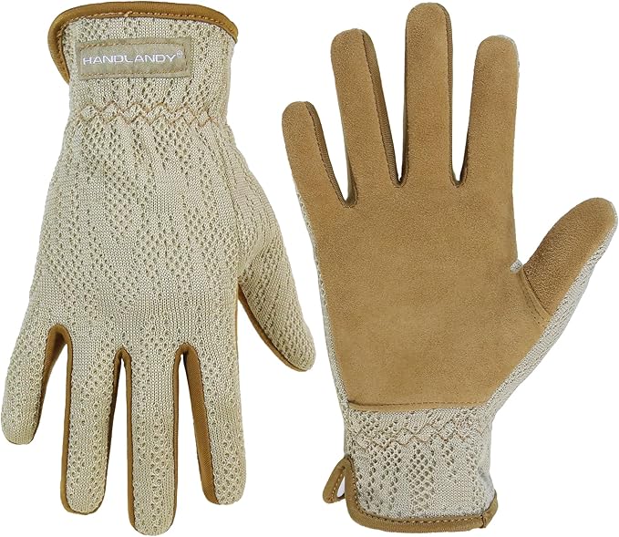 HANDLANDY Gardening Gloves for Women, Breathable Ladies Leather Garden Yard Gloves Best Gift for Gardeners