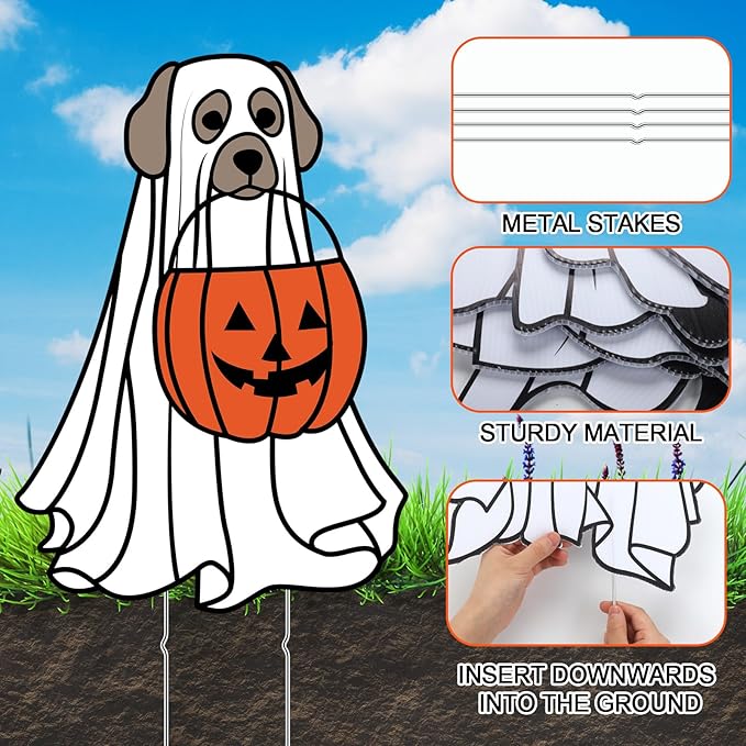 Nuanchu 7 Pcs Halloween Yard Outdoor Decorations Ghost Dog Yard Signs Corrugated Plastic Ghost Dog Pumpkin Lawn Sign with Stakes Waterproof Halloween Garden Stakes for Outside Scary Spooky Decor