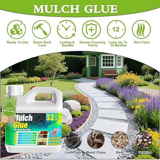 Mulch Glue for Landscaping - 32 OZ Long-Lasting Adhesion Rock Glue for Landscaping, Versatile Weatherproof Easihold Gravel Binder for Gardens, Landscapes, Pathways, Bark Mulch, Wood Chips, Pea Gravel
