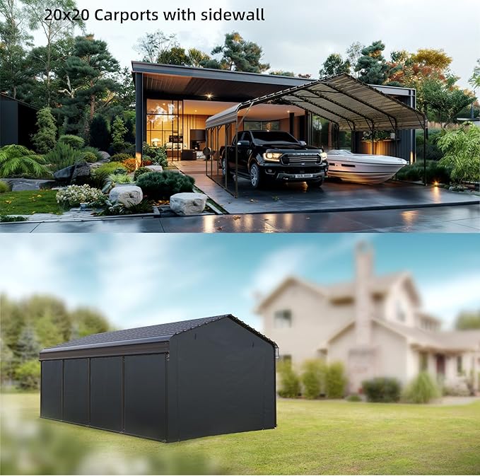 MFSTUDIO Carport 20x20 ft, Outdoor Heavy Duty Carports with Sidewalls, Metal Shed Canopy Shelters Garage Shelter Shade Car Ports with Galvanized Roof for 2 Cars, Truck and Boats