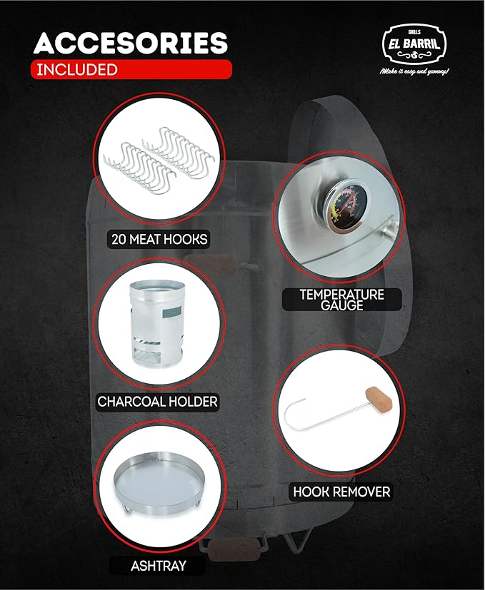 EL BARRIL 60lbs Premium Vertical Grill, Stainless Steel Barrel Charcoal Smoker, Extra Large Outdoor Smoker with Even Heat Distribution