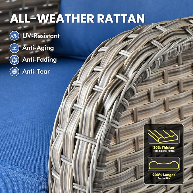 Outdoor Sectional Patio Furniture Set with Swivel Rocking Chairs,9 Pieces Wicker Conversation Sets L Shaped Couch Out Door Sofa Set Outside Furniture for Garden Deck Yard Porch,Navy Blue