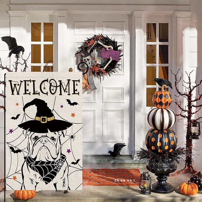 Halloween Garden Flag English Bulldog Cobweb Bats Double Sided Vertical Welcome Flag Holiday Outdoor Yard Lawn Decorations 12.5 x 18 Inch