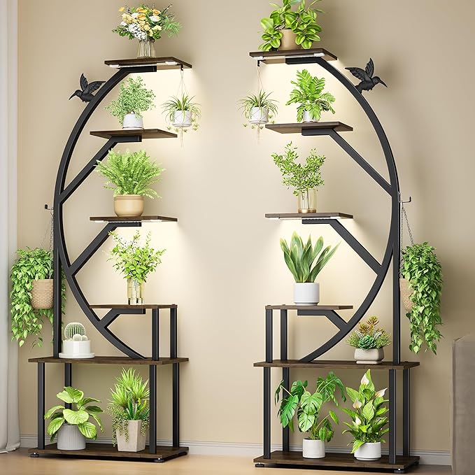 Plant Stand Indoor with Grow Lights, 62" Metal Plant Stand for Indoor Plants, 6 Tiered Tall Plant Shelf with Magnetic Cable Organizers and Decorative Bird, 2 Pcs Plant Holder for Patio, Living Room