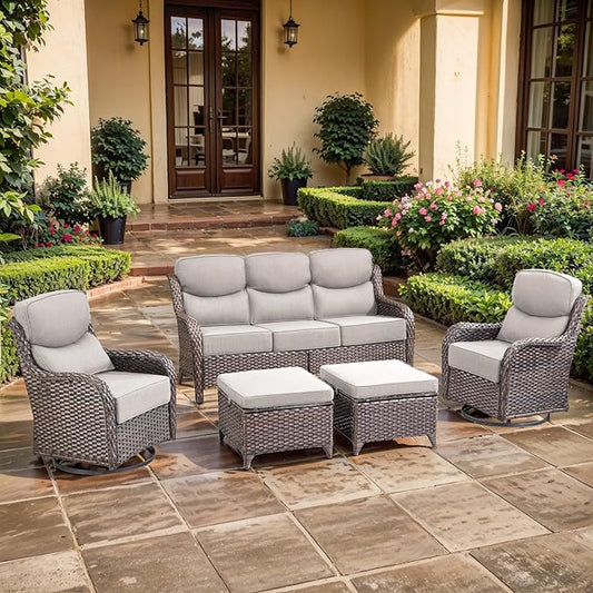 Luxury High Back Outdoor Furniture with 6-inch Extra Thick Cushions, Patio Furniture Set with Swivel Chairs, 5 PCS Wicker Conversation Set for Yard, Deck, Poolside, Brown/Beige