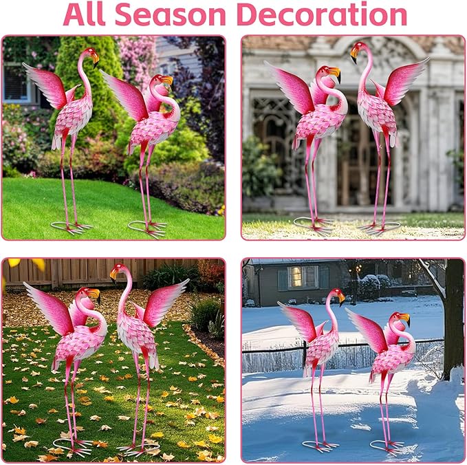 WONDER GARDEN Pink Flamingo Statue-Garden Statues for Outside - 2 Pack Flamingos Sculptures Statue, Metal Birds Yard Art for Pond, Patio, Outdoor, Porch Decor
