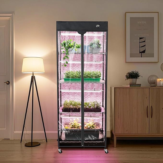 WORTH Mini Greenhouse with LED Grow Lights & Digital Thermo-Hygrometer – Portable Indoor Plant Grow Tent with Oxford Fabric Cover, Adjustable Shelves, Casters & Ventilation Flaps for Seed Starting