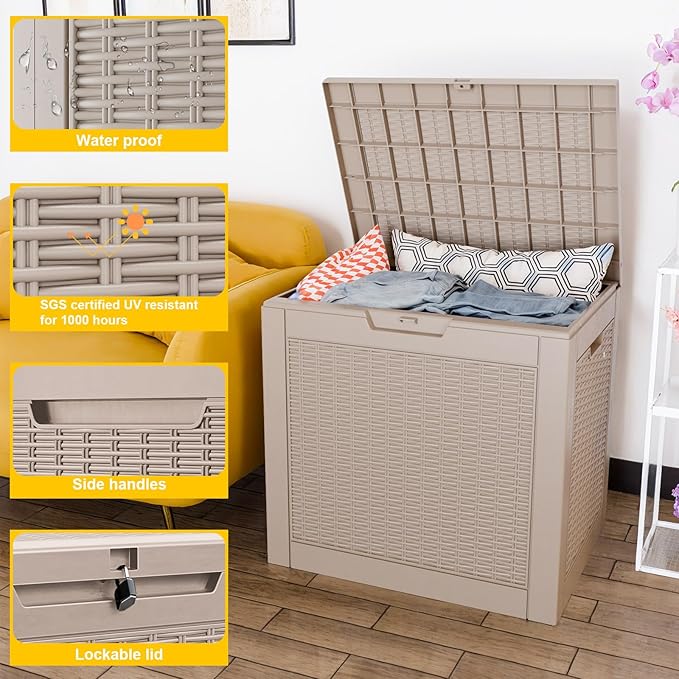 ROJIK Outdoor Storage Housing Deck Box - Waterproof Patio Furniture, Garden Tools, Cushions, Pool Accessories Storage Bench with Lockable Lid and Side Handles (Grey Rattan, 30 Gal)