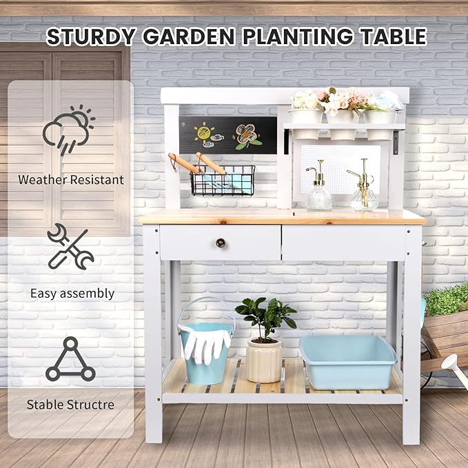 Kids Potting Bench Table Wooden Outdoor Garden Table Work Station Outdoor Garden Work Bench Platform with Removable Sink Hooks 3 Side Flower Pots Natural Wood White Gift for Boys Girls