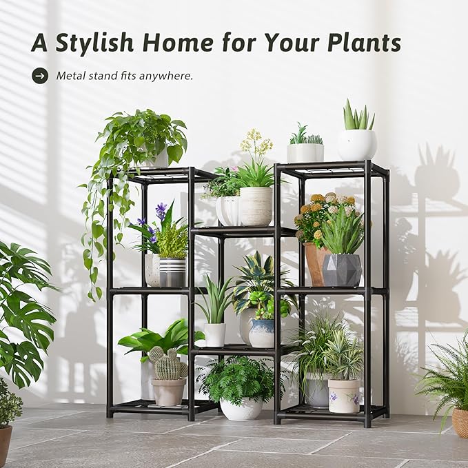 Plant Stand Indoor Outdoor Metal Plant Shelf 5 Tiers Corner Plant Rack for Multiple Plants Flower Holder for Patio Balcony Garden Black