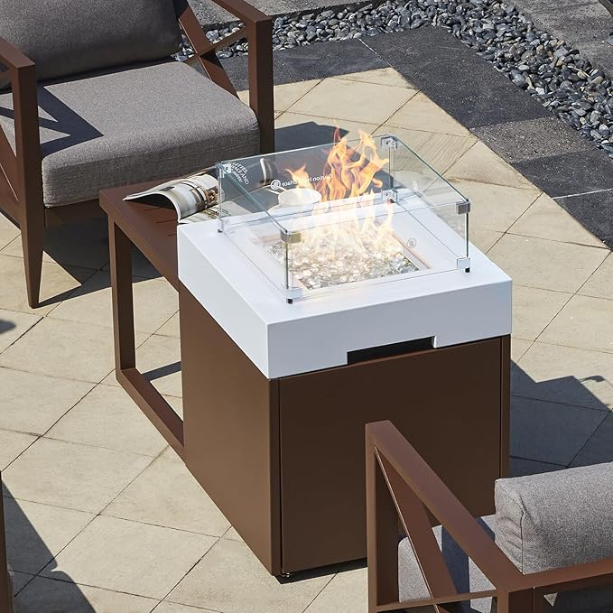 MBY 22" Aluminum Fire Pit Table, 37,000 BTU Gas Firepit for Outdoor Patio Deck and Garden, CSA Certified Fire Pit with Lid, Waterproof Cover, Glass Wind Guard and Glass Stone, Brown