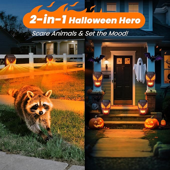 4 Pack Solar Nocturnal Animal Repeller with LED Flashing Lights, Effective Repels Deer, Coyote, Raccoon, Skunk, Fox & Hawk, Flame Predator Light for Chicken Coop, Farm, Yard & Garden