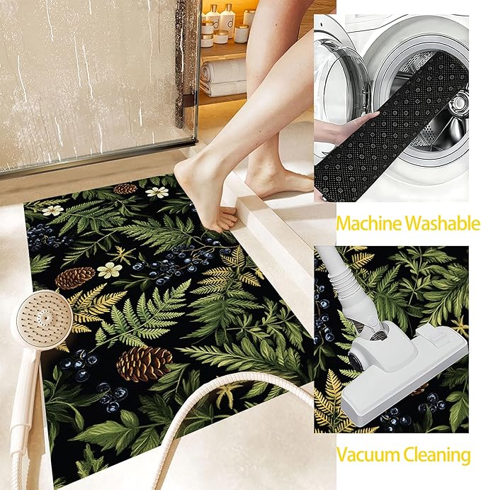 Green Herb Leaves Indoor Outdoor Rugs,Forest Berries Pine Cones Doormat Outside Entrance,Non-Slip Welcome Mat Indoor Felt Floor Mat for Back Door Patio, Porch,Home Entryway,30 x 17 Inch