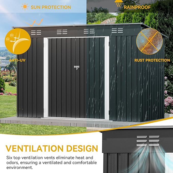 DWVO 9.1x4.2ft Large Outdoor Storage Shed, Metal Tool Sheds, Heavy Duty Tool Storage with Lockable Doors & Air Vent for Backyard Patio Lawn to Store Bikes, Tools, Lawnmowers,Dark Gray