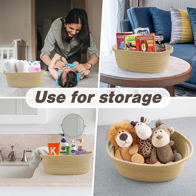 Pro Goleem Small Woven Basket with Gift Bags and Ribbons Durable Baskets for Gifts Empty Small Rope Basket for Storage 12"X 8" X 5" Baby Toy Basket with Handles, Khaki