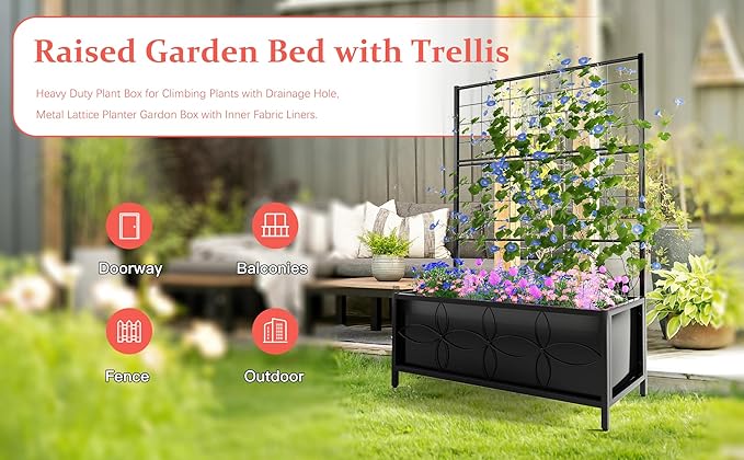 Zhongma Sturdy Raised Garden Bed with Trellis (15.75 x 35.43 x 48.8 in) for Vegetables Flower, Planter Box for Backyard Patio Balcony