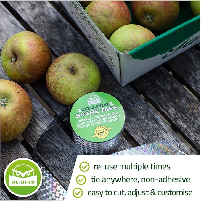 De-Bird Bird Tape Repellent & Reflective Scare Tape - 350 Ft Roll, Multicolor Dual-Sided - Garden Reflectors to Keep Birds Away - Pigeon & Goose Control