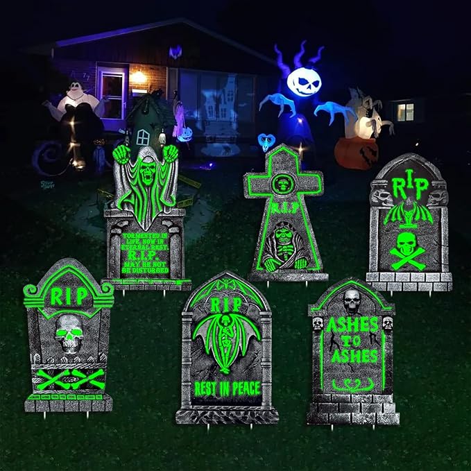6Pcs Halloween Graveyard Decor, 16"x25" Glow in The Dark Tombstones for Outdoor Displays, Durable and Waterproof Gravestones, Light up Spooky Cemetery Decorations for Halloween