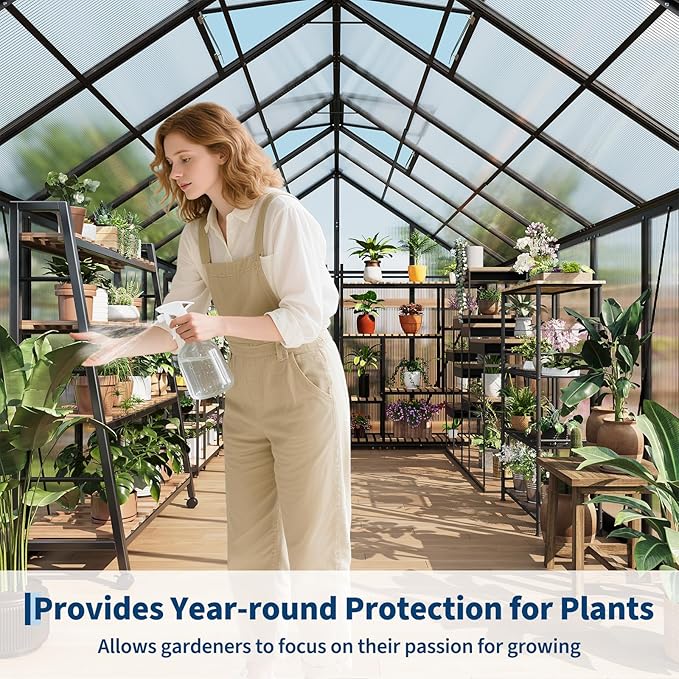 8x14 FT Polycarbonate Greenhouse,Large Walk-in SturdyOutdoor Aluminum Frame Greenhouse with Roof Vent, Lockable Push Door,for Garden, Backyard, Patio & Lawn(Black)