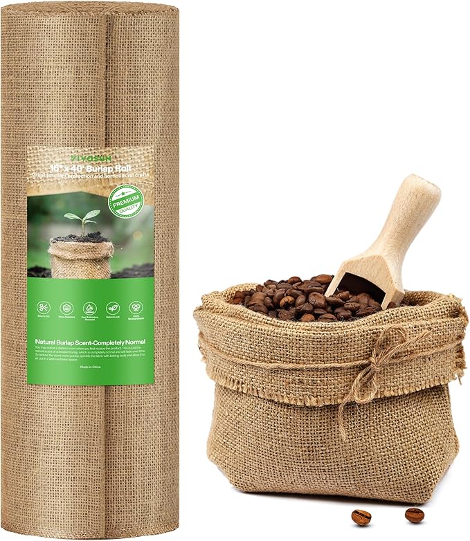 VIVOSUN 15 in x 40 ft Premium Burlap Fabric Roll, 10 oz Heavy Duty High Density Natural Jute Fiber, Multipurpose Burlap for Gardening, Outdoor Plant Care, Weed Barrier, DIY Crafts, and Decoration