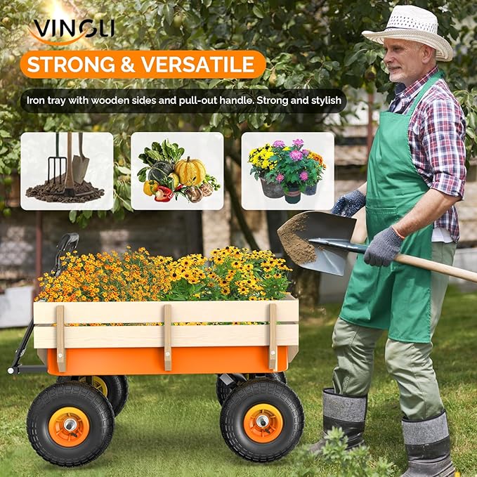 VINGLI Wagon Cart, Steel Frame and Wood Coated Railing, 330lbs All Terrain Wagon 9.2in Solid Tires for Garden and Outdoor (Orange)