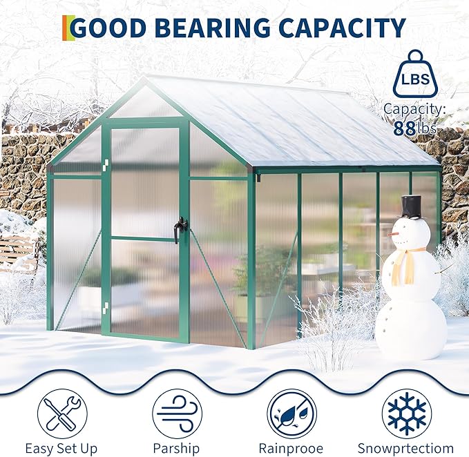6x10 FT Greenhouse, Easy Assembly Aluminum Polycarbonate Greenhouses for Outdoors with Roof Vent and Ground Nails, Heavy Duty Aluminum Walk-in Greenhouse for Backyard, Sliding Lockable Door, Green