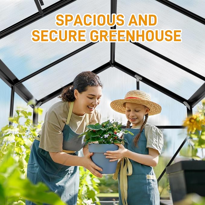 6x8 FT Greenhouse for Outdoors, Heavy Duty Polycarbonate Panels with 5 Roof Vents, Aluminum Large Walk-in Greenhouse for Outside Garden Backyard, Easy Setup, Black