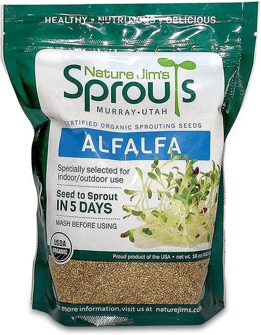 Nature Jims Sprouts Alfalfa Seed – 16 Oz Organic Sprouting Seeds – Non-GMO Premium Alfalfa Seeds – Resealable Bag for Longer Freshness – Rich in Vitamins, Minerals, Fiber