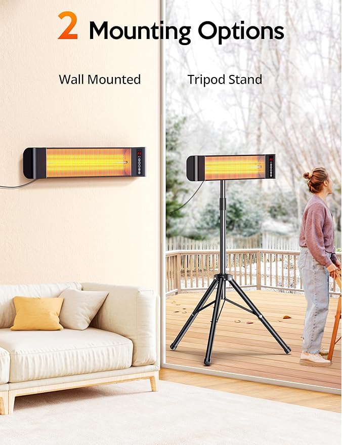 VAGKRI Outdoor Heaters, 1s Heating 1500W Infrared Patio Heater with Remote, 3 Heat Settings, 12H Timer, IP65 Waterproof, Wall Mount/Tripod Stand Electric Heater for Patio, Garage, Garden & Indoor Use