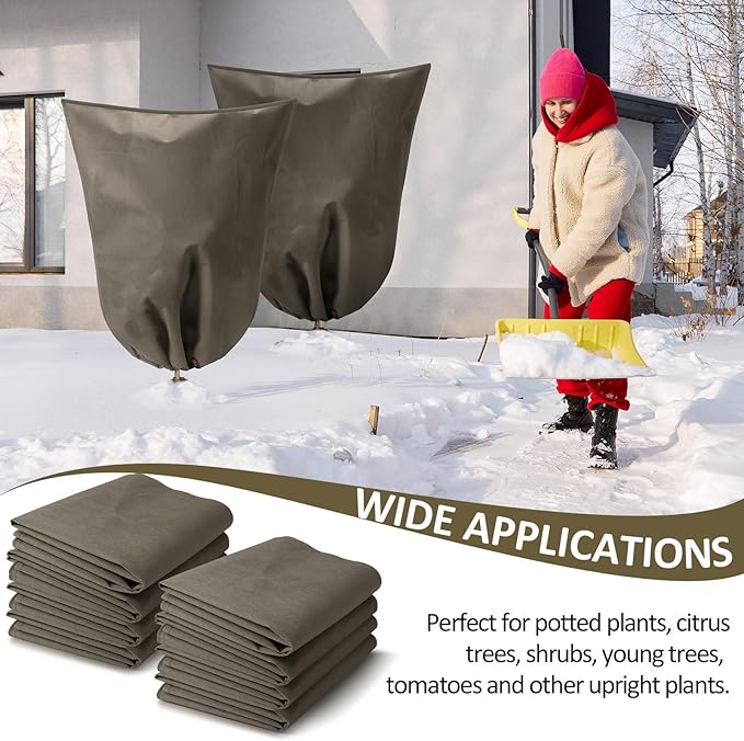 12 Packs Winter Plant Covers Freeze Protection Drawstring Tree Cover 23.62 x 31.5 in Large Reusable Frost Protection for Plants Fruit Tree Shrub, Outdoor Prevention Bag (Brown)