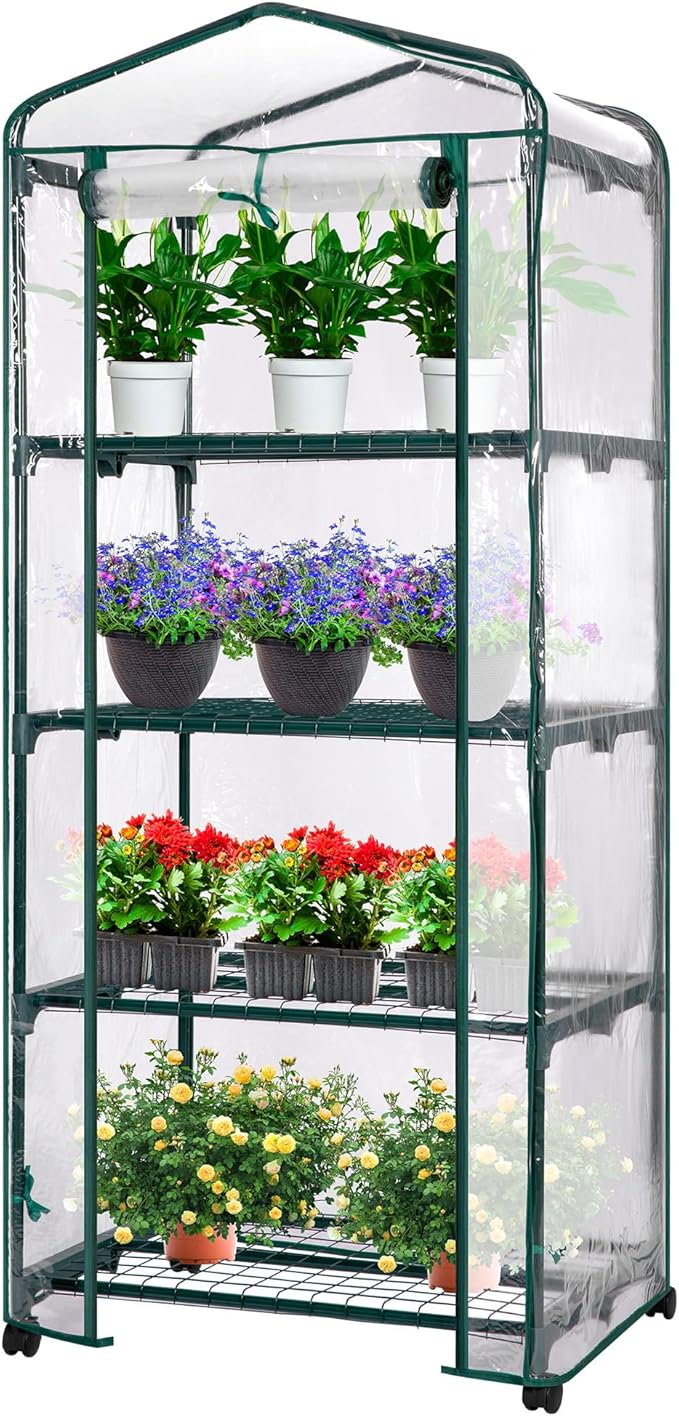 VIVOSUN Mini 4-Tier Greenhouse with Wheels, 27 x 19 x 63-Inch Reusable Portable Warm House with Clear PVC Cover and Shelf for Compact Garden and Small Backyards, with Wheels