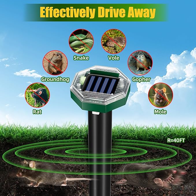 Mole Repellent Solar Powered, 8 Pack Ultrasonic Gopher Vole Repellent Outdoor, Waterproof Sonic Spikes Get Rid for Squirrel, Rat, Mice, Rodent, Skunk Repellent for Lawns Yard