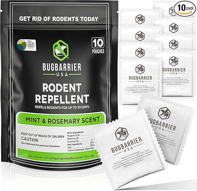 BugBarrier's Extra-Strength Mouse Repellent Deterrent Pouches, USDA 99% Biobased, Peppermint & Rosemary Oils Repel Mice Nesting in Car, RV, Boat, Garage, Shed, Cabin Made in The USA (Pack of 10)