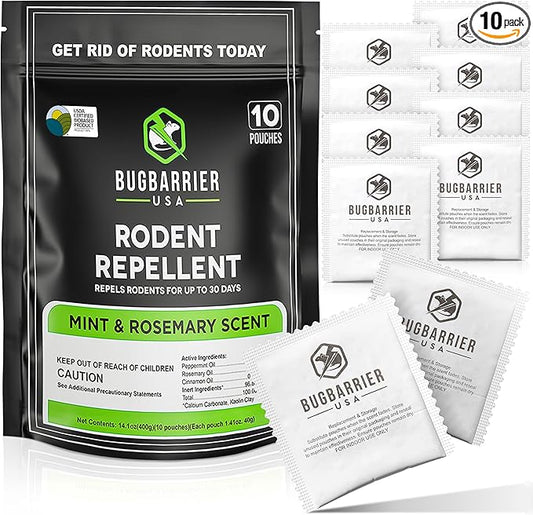 BugBarrier's Extra-Strength Mouse Repellent Deterrent Pouches, USDA 99% Biobased, Peppermint & Rosemary Oils Repel Mice Nesting in Car, RV, Boat, Garage, Shed, Cabin Made in The USA (Pack of 10)