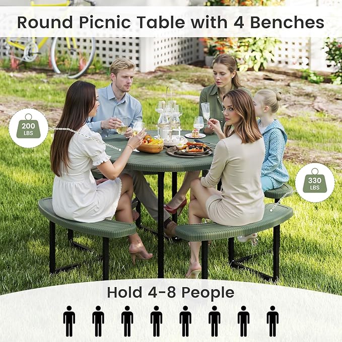 Tangkula 8 Person Picnic Table, HDPE Outdoor Round Table and Bench Set with 4 Built-in Benches, Umbrella Hole, Metal Frame for Garden Yard Patio Lawn