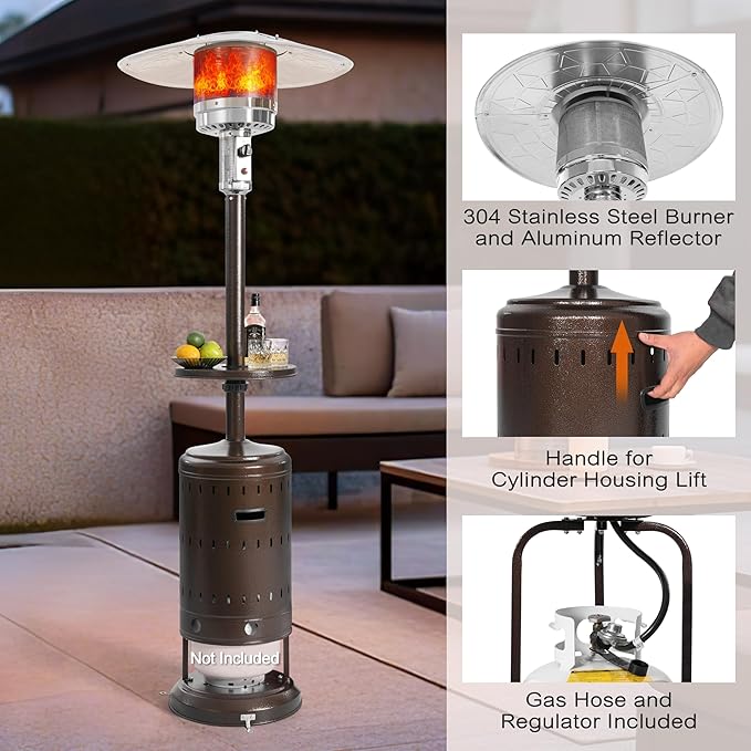 Nuu Garden Outdoor Propane Gas Patio Heater with Wheels, Patio Heater with Liftable Drink Stand for Patio, 304 Stainless Steel Burner, Backyard, Garden, Porch, Brown