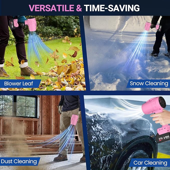 Handheld Electric Cordless Leaf Blower – 500,000RPM Mini Turbo Jet Blower with 2×4.0Ah Batteries & Charger, Lightweight for Patio, Lawn, Garage Cleaning (Pink)