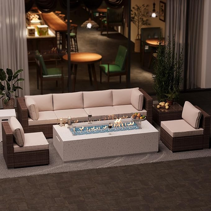 3-Piece Outdoor Propane Fire Pit Table Set – Premium Terrazzo-Like MgO Finish, 56-Inch Gas Fire Table with Tank Table & Glass Wind Guard for Patio, Garden & Backyard, Includes Rain Cover & Glass Beads