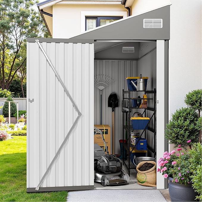 4x8 Lean to Metal Shed - Grey, Heavy-Duty Outdoor Storage for Bikes, Tools, Lawn Mowers & Firewood, Rust-Resistant Wall Side Design Sheds with Lockable Door, Waterproof Coating & Sloped Roof