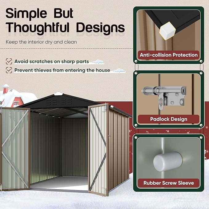 GUNJI 8 x 6 FT Shed Outdoor Storage Shed Metal Garden Shed with Lockable Door Outside Waterproof Tool Shed for Backyard, Patio, Lawn (Brown)