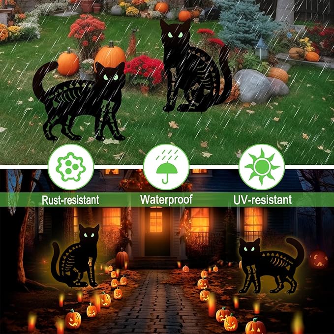 Halloween Black Cat Garden Stake Decor - 2 Pack Scary Cat Silhouette Metal Yard Signs with Glow-in-The-Dark Eyes for Outdoor Halloween Decorations