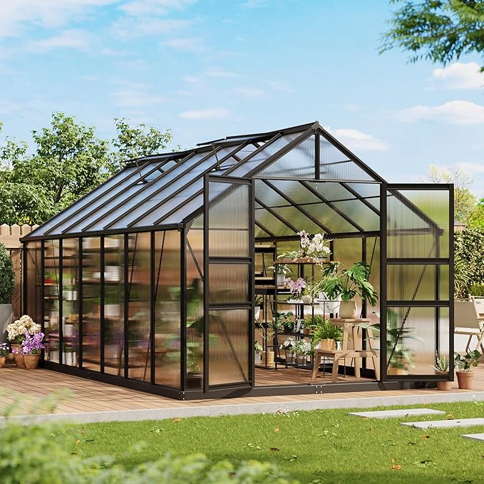 Greenhouse, 8x14 FT Greenhouses for Outside, Polycarbonate Greenhouse with Aluminum Frame, Lockable Door and Ajustable Roof Vent for Backyard, Green Houses for Outside Garden Backyard, Patio