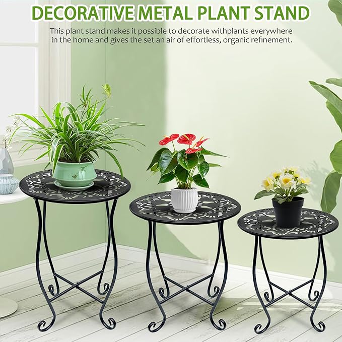 3pcs Plant Stand Small Outdoor Table,Round Black Metal Shape with Decorative Openwork Flower Pattern, Anti-Rust Wrought Iron Patio Table for Indoor Plant Stand,Porch,Balcony,Garden,Yard (Small & Medium & Large)
