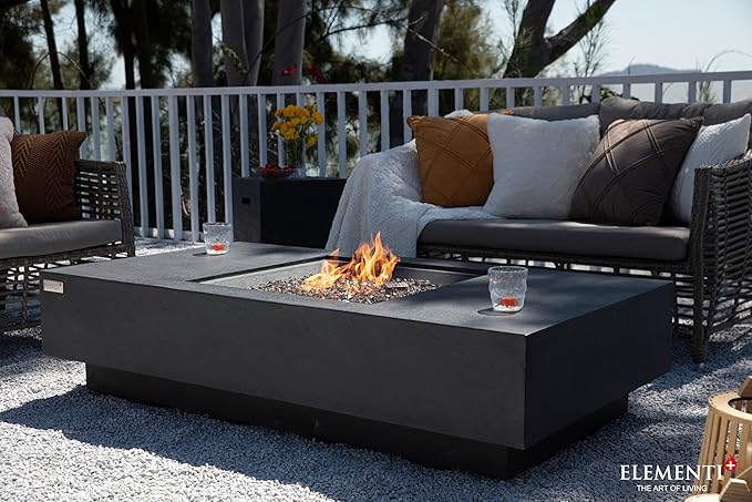 Elementi+ | Monte Carlo Gas Fire Pit Cast Concrete 60" Rectangular Fire Table, Outdoor Fire Pit Electronic Ignition | Canvas Cover, Fire Glass and Burner Lid Included | Light Gray | Propane Gas