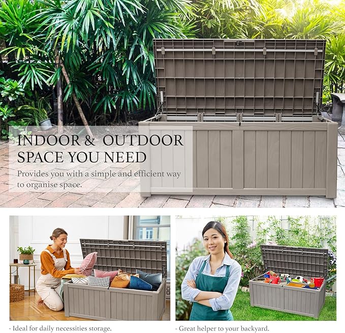 AJP Distributors 120 Gallon Outdoor Storage Box, Rain Waterproof Resin Deck Box, Lockable Large Storage Container for Patio Furniture, Cushions, Garden Tools, Sports Equipment and Pool Supplies Taupe