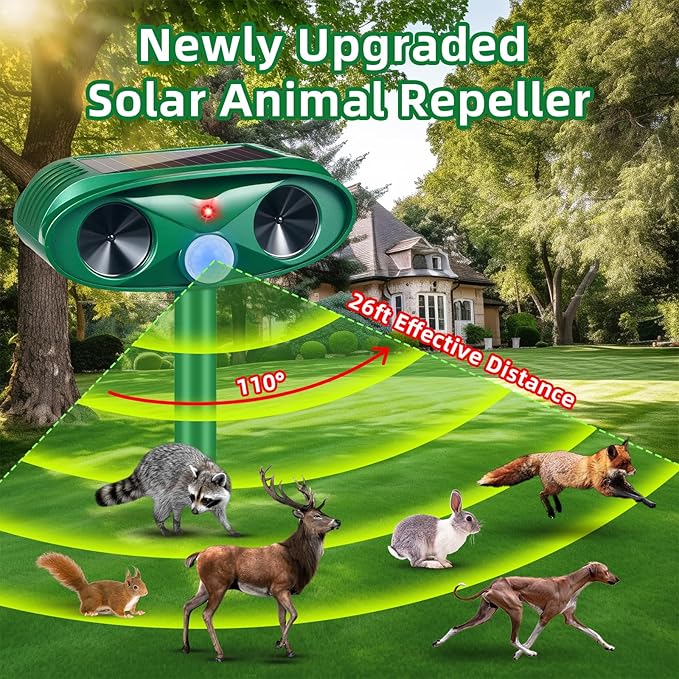 2025 Upgraded Solar Ultrasonic Animal Repeller Outdoor Cat Repellent Deer Repellent Devices with USB Charge, Animal Deterrent Device for Rabbit Raccoon Dog Squirrel Rodent Skunk for Yard Garden,2 Pcs