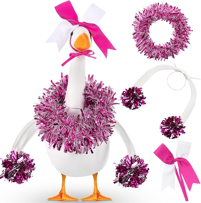 3 Pcs Cheerleader Porch Goose Outfit Poseable Wings with Pom Poms Garland and Bow for 23" Lawn Cement Goose Football Halloween Garden Patio Yard Outdoor Classroom Decorations (Hot Pink)