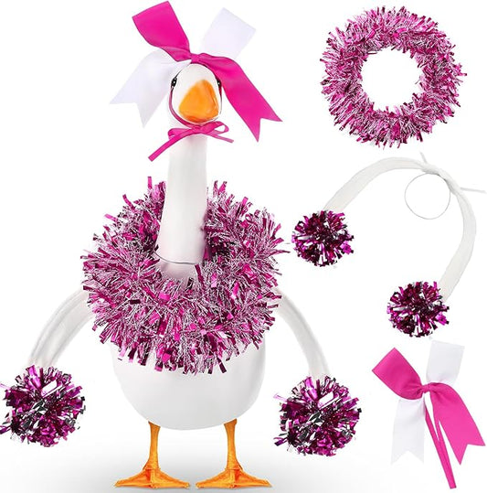 3 Pcs Cheerleader Porch Goose Outfit Poseable Wings with Pom Poms Garland and Bow for 23" Lawn Cement Goose Football Halloween Garden Patio Yard Outdoor Classroom Decorations (Hot Pink)
